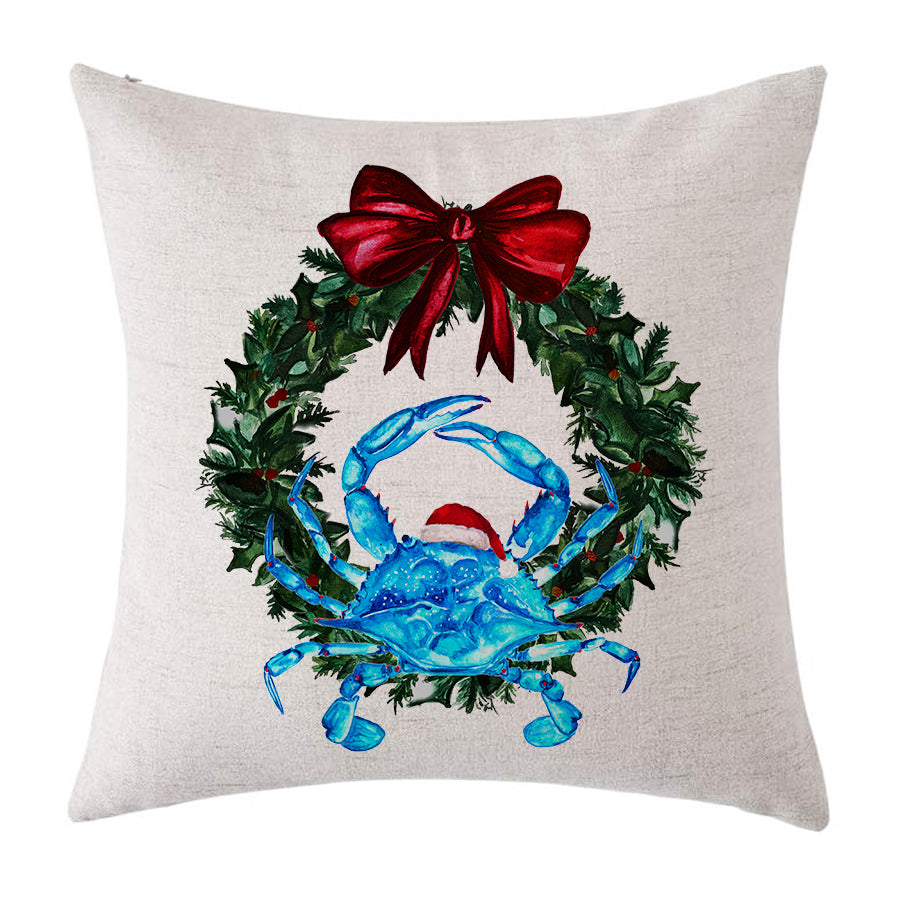 Blue Crab Coastal Christmas Pillow