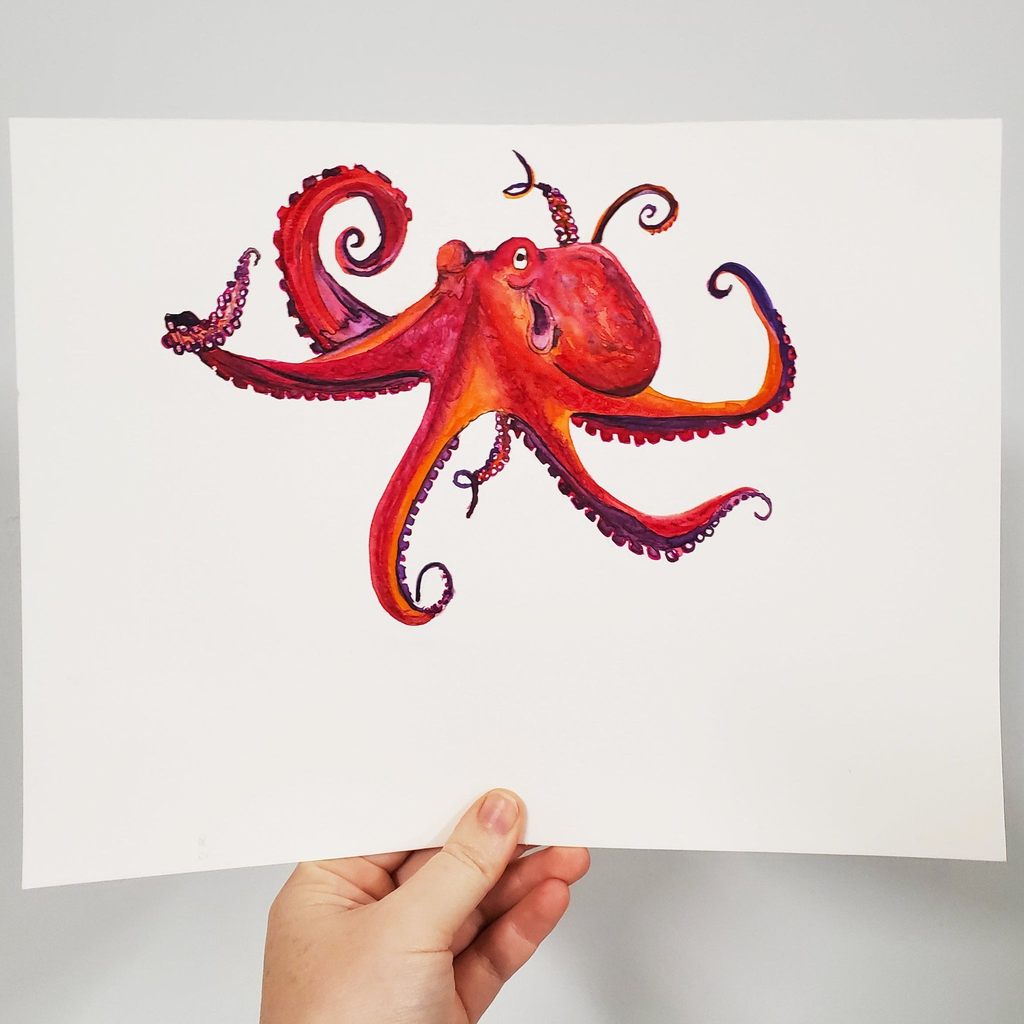 Red Octopus Original Watercolor Painting